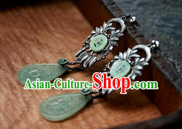 China National Silver Lotus Jewelry Ancient Qing Dynasty Earrings Traditional Handmade Green Jade Ear Accessories