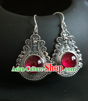 Handmade Chinese Traditional Red Corundum Ear Jewelry Eardrop Accessories Classical Silver Earrings