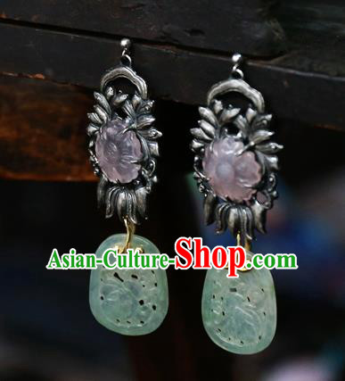 China National Rose Quartz Jewelry Handmade Jade Ear Accessories Traditional Cheongsam Silver Earrings