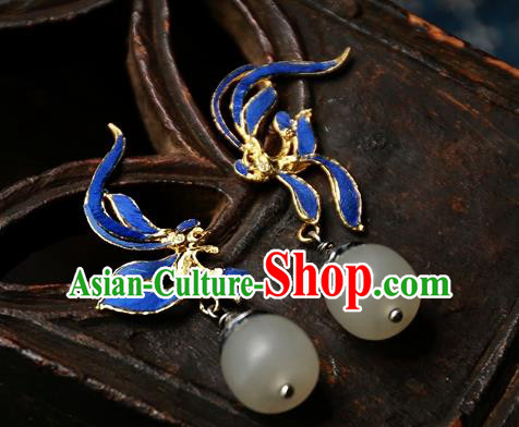 China Ancient Court Blueing Earrings Traditional National Jadeite Mangnolia Jewelry Handmade Qing Dynasty Ear Accessories