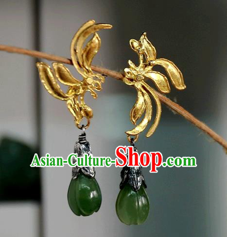 China Traditional National Jewelry Handmade Qing Dynasty Jade Ear Accessories Ancient Court Golden Earrings