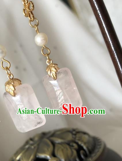 China Cheongsam Earrings Traditional Ming Dynasty Jewelry Ornaments Handmade Ancient Princess Rose Quartz Ear Accessories