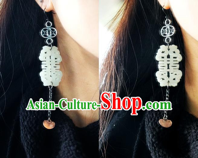 China Traditional Wedding Silver Jewelry Ornaments National Cheongsam Earrings Handmade White Jade Ear Accessories