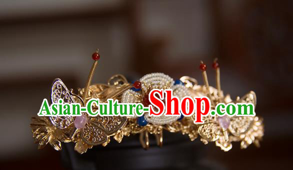 China Song Dynasty Golden Butterfly Pearls Flowers Hair Stick Traditional Hanfu Hair Accessories Ancient Princess Agate Pearls Hairpin
