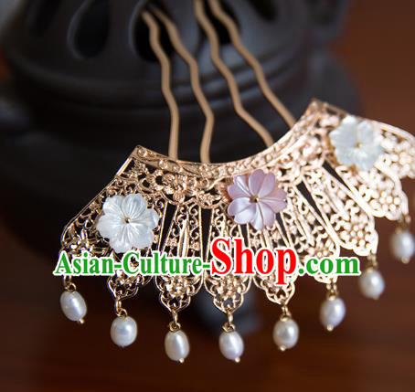 China Song Dynasty Golden Hair Comb Traditional Hanfu Hair Accessories Ancient Princess Pearls Tassel Hairpin