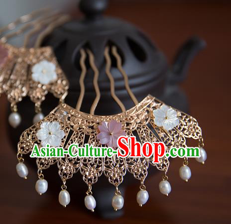 China Song Dynasty Golden Hair Comb Traditional Hanfu Hair Accessories Ancient Princess Pearls Tassel Hairpin