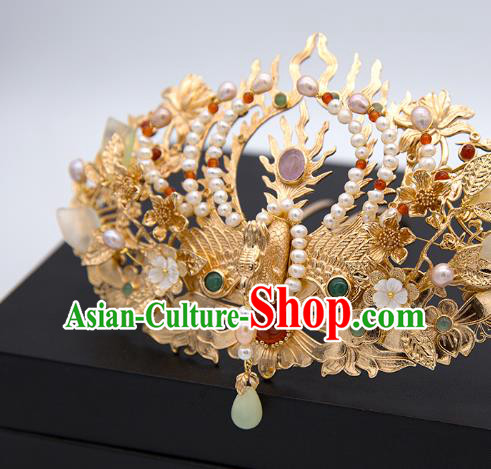 China Tang Dynasty Phoenix Coronet Traditional Hanfu Hair Accessories Ancient Empress Pearls Hair Crown and Hairpins