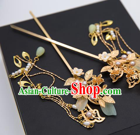China Ming Dynasty Golden Leaf Hair Stick Traditional Hanfu Hair Accessories Ancient Empress Tassel Hairpin
