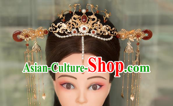 China Ming Dynasty Pearls Tassel Phoenix Coronet Traditional Hanfu Hair Accessories Ancient Court Lady Hair Crown Hairpin