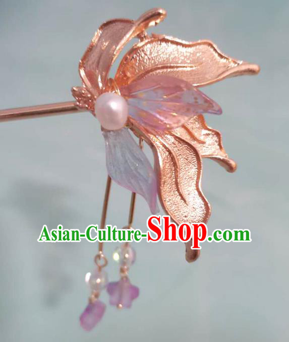 China Traditional Hanfu Hair Accessories Qing Dynasty Pink Orchid Hairpin Ancient Court Woman Tassel Hair Clip
