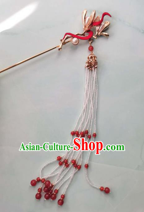 China Traditional Hanfu Hair Accessories Ming Dynasty Red Beads Tassel Hairpin Ancient Court Woman Mangnolia Hair Clip