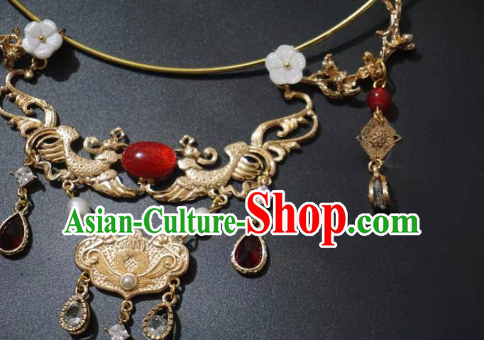 China Traditional Ancient Golden Phoenix Necklace Handmade Ming Dynasty Noble Female Jewelry Accessories