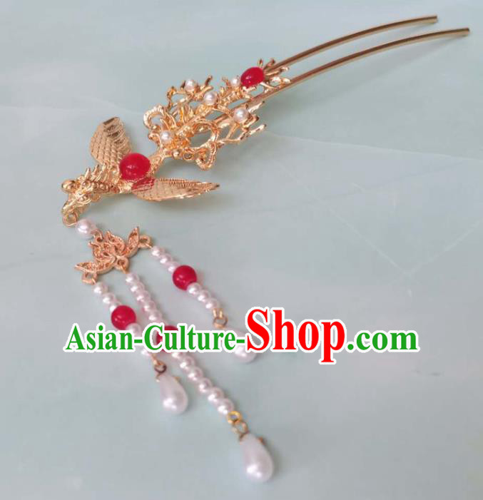 China Ming Dynasty Golden Phoenix Hairpin Ancient Court Woman Hair Crown Traditional Hanfu Hair Accessories Hair Stick