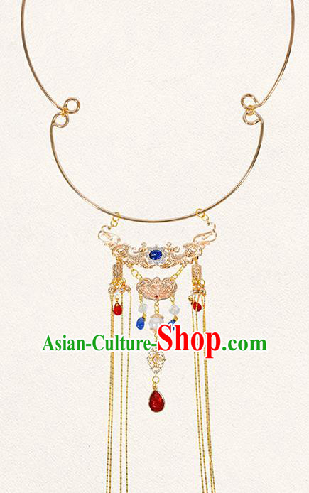 China Traditional Ancient Princess Zircon Necklace Handmade Ming Dynasty Court Golden Jewelry Accessories