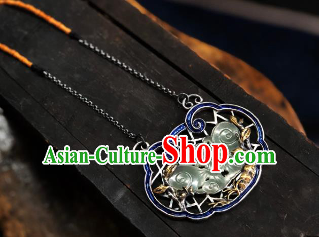 Handmade China National Jade Butterfly Jewelry Qing Dynasty Blueing Accessories Traditional Silver Carving Necklace Pendant