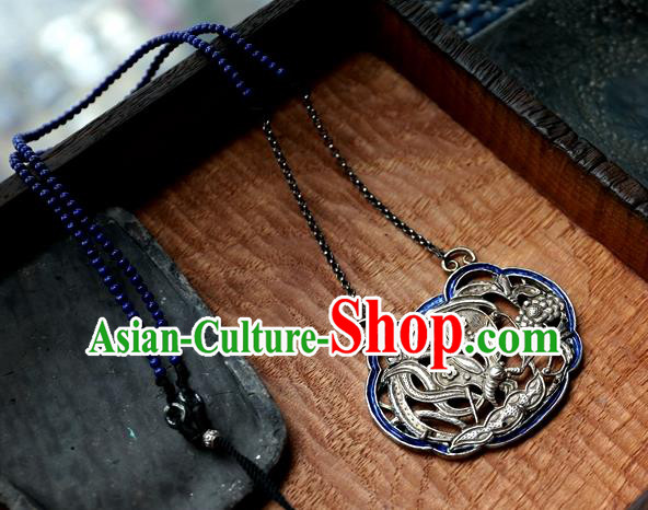 Handmade China Traditional Silver Carving Necklace Pendant National Jewelry Qing Dynasty Blueing Accessories