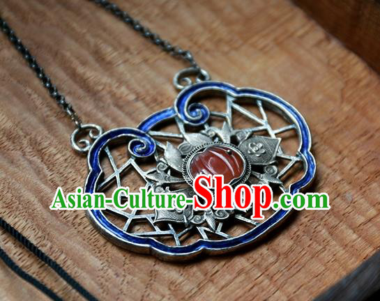 Handmade China National Jewelry Traditional Silver Carving Blueing Necklace Pendant Qing Dynasty Agate Accessories