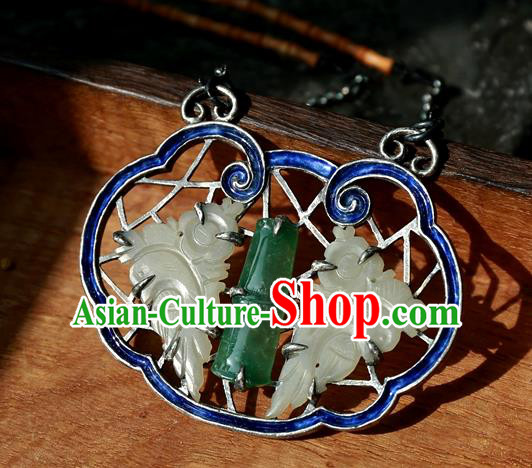 Handmade China National Jade Bamboo Necklace Pendant Traditional Silver Jewelry Qing Dynasty Blueing Accessories