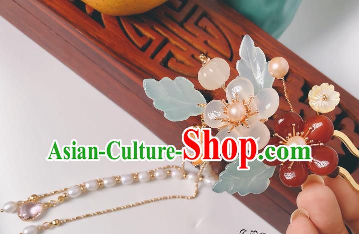 China Hanfu Hair Stick Traditional Ancient Princess Pearls Tassel Hairpin Agate Plum Blossom Hair Accessories