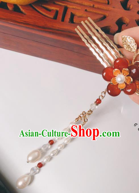 China Hanfu Hair Accessories Traditional Ancient Princess Pearls Tassel Hairpin Agate Plum Blossom Hair Comb