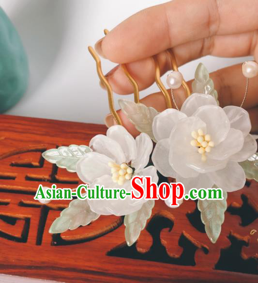 China Song Dynasty Hanfu Hair Accessories Traditional Ancient Princess Flowers Hairpin White Camellia Hair Stick
