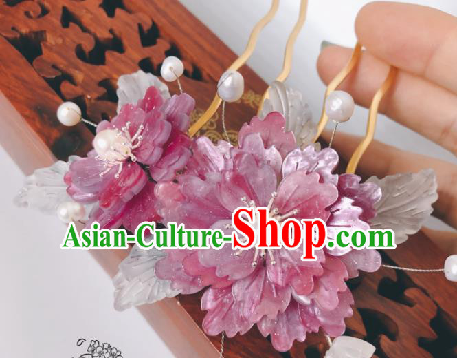 China Qing Dynasty Purple Peony Hair Comb Traditional Hanfu Hair Accessories Ancient Court Lady Shell Butterfly Hairpin