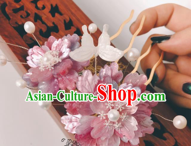 China Ancient Court Lady Shell Butterfly Hairpin Traditional Hanfu Hair Accessories Qing Dynasty Pink Peony Hair Comb