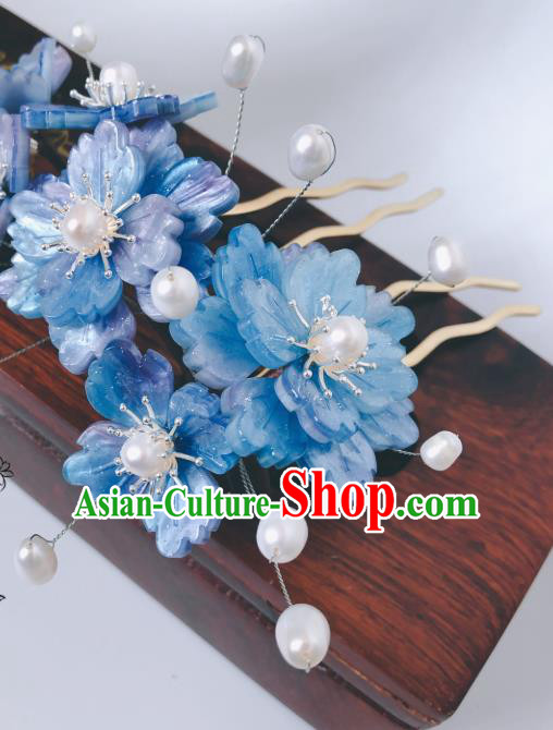 China Ancient Princess Shell Butterfly Hairpin Song Dynasty Blue Flowers Hair Comb Traditional Hanfu Court Hair Accessories