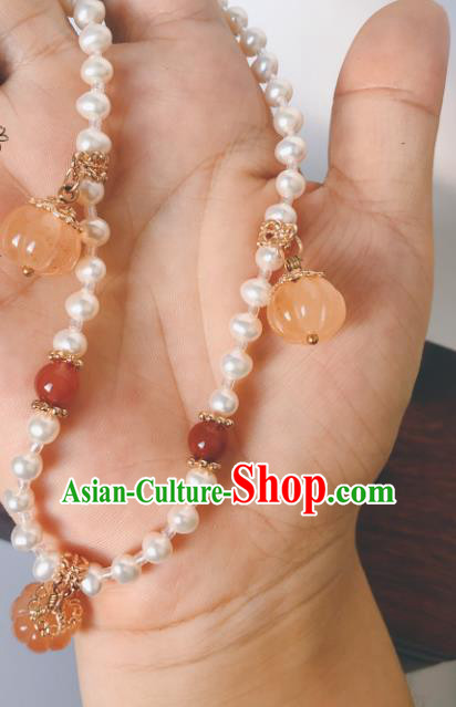 China Traditional Ancient Princess Jade Pumpkin Necklace Handmade Pearls Jewelry Accessories