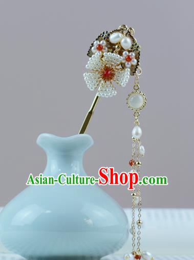 China Traditional Hanfu Pearls Hair Accessories Ancient Ming Dynasty Court Princess Tassel Hairpin