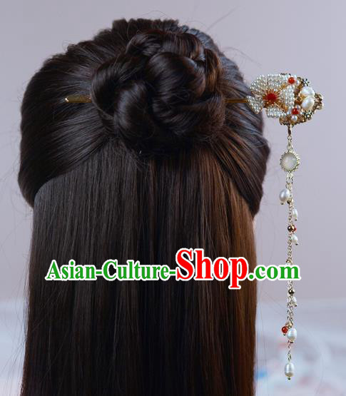 China Traditional Hanfu Pearls Hair Accessories Ancient Ming Dynasty Court Princess Tassel Hairpin