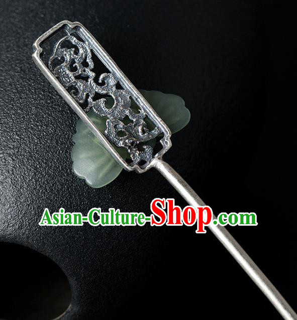 China Handmade Silver Carving Hairpin Traditional Hair Accessories Classical Cheongsam Jade Hair Stick