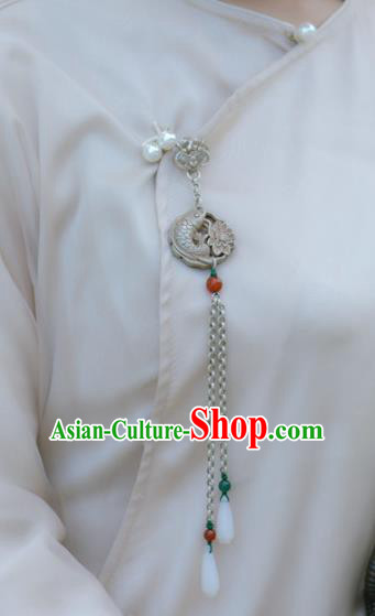 Chinese Traditional Silver Carving Accessories Handmade Tassel Pendant Cheongsam Fish Brooch Jewelry