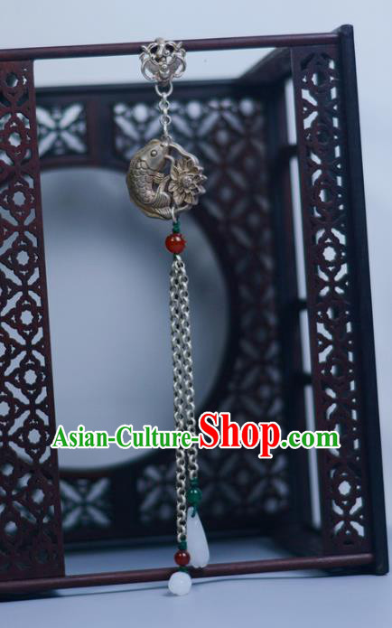 Chinese Traditional Silver Carving Accessories Handmade Tassel Pendant Cheongsam Fish Brooch Jewelry