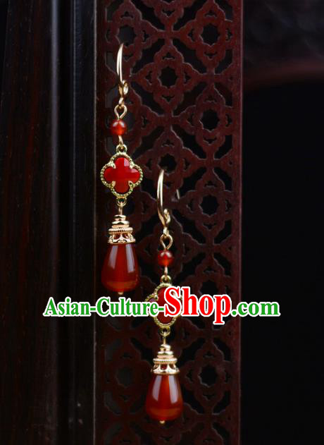 Chinese Classical Red Agate Earrings Traditional Jewelry Ornaments Handmade Clover Ear Accessories