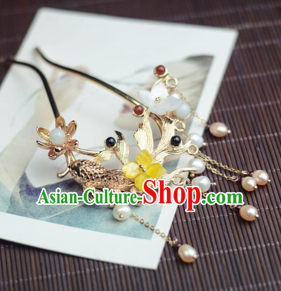 China Handmade Pearls Tassel Hairpin Traditional Hair Accessories Classical Cheongsam Golden Fish Lotus Hair Stick