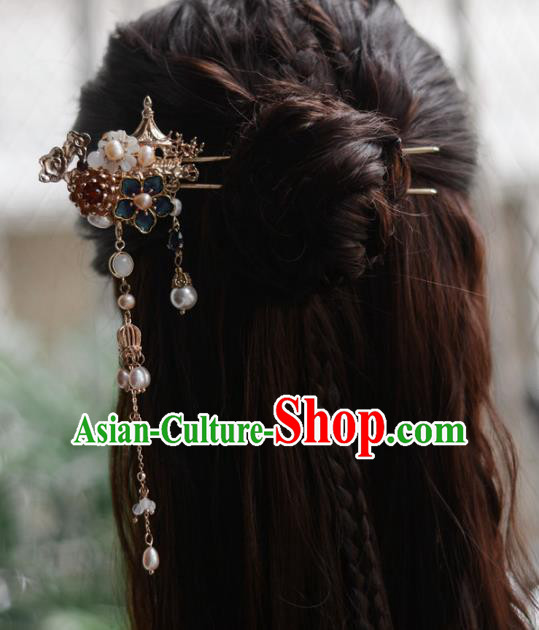 China Handmade Blueing Plum Hairpin Traditional Hair Accessories Classical Cheongsam Pearls Tassel Hair Stick