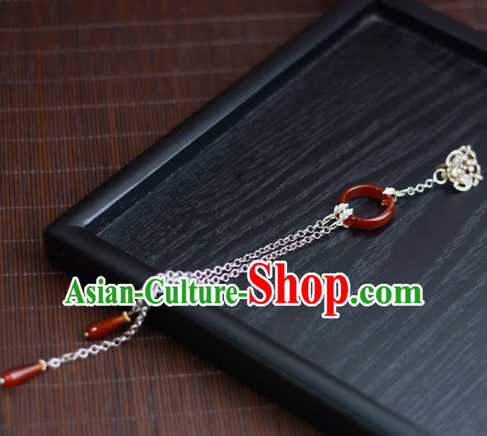Chinese Traditional Agate Ring Accessories Cheongsam Brooch Jewelry Handmade Silver Carving Tassel Pendant