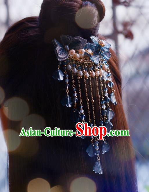 China Handmade Blue Lace Butterfly Hairpin Traditional Hair Accessories Classical Cheongsam Pearls Tassel Hair Stick