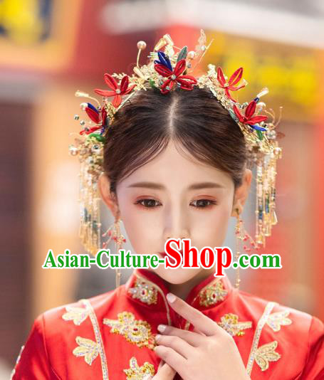 China Handmade Red Silk Flower Hairpins Tassel Hair Sticks Traditional Xiuhe Suit Bride Hair Accessories Wedding Headwear Complete Set