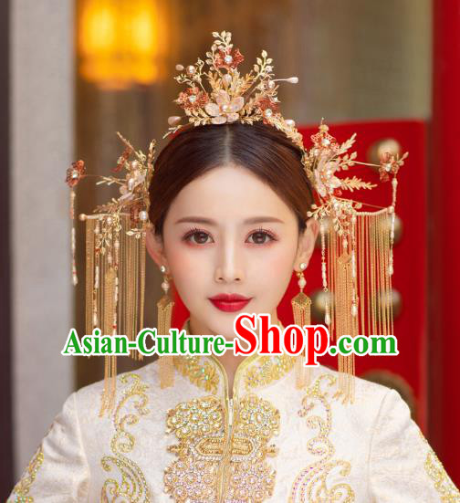 China Handmade Golden Hair Comb Hairpins Traditional Wedding Xiuhe Suit Headwear Bride Hair Accessories Complete Set