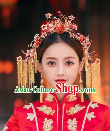 China Bride Red Flowers Hair Crown Traditional Wedding Hair Accessories Handmade Xiuhe Suit Tassel Phoenix Coronet