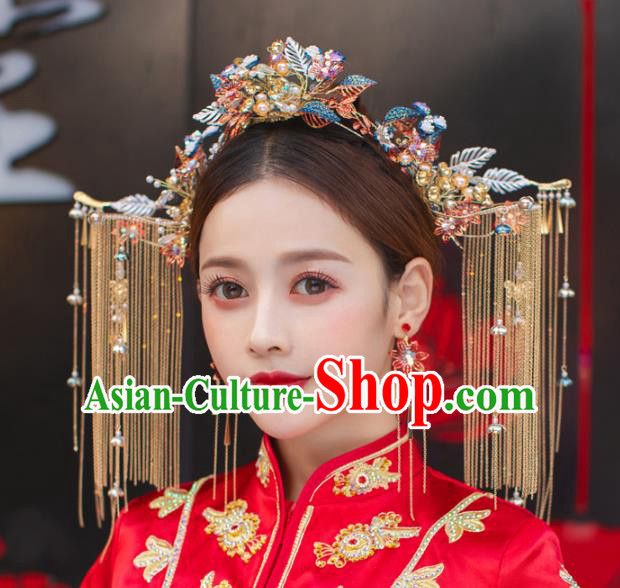 China Handmade Xiuhe Suit Blueing Phoenix Coronet Bride Tassel Hair Crown Traditional Wedding Hair Accessories