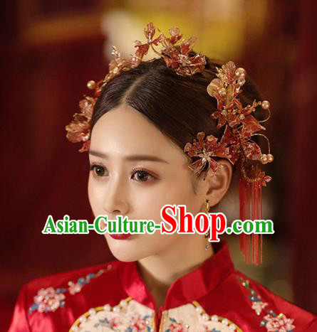 China Handmade Red Flower Hair Comb Tassel Hairpins Traditional Wedding Xiuhe Suit Headwear Bride Hair Accessories Complete Set