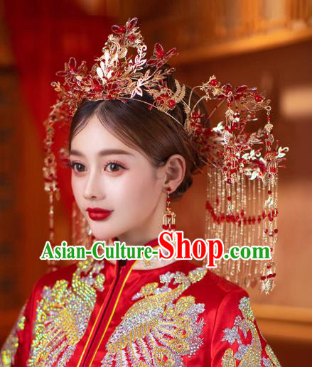 China Bride Tassel Hair Crown Traditional Wedding Hair Accessories Handmade Xiuhe Suit Deluxe Phoenix Coronet
