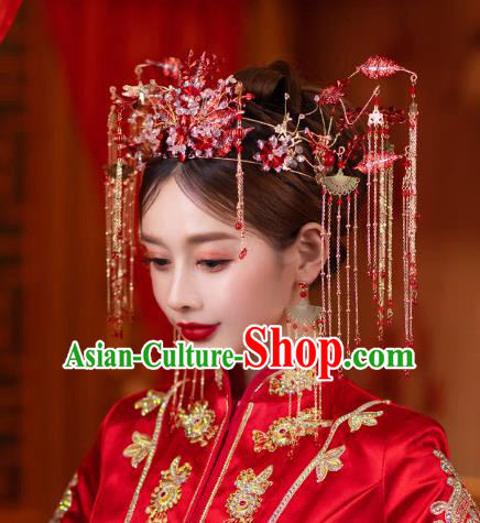 China Bride Red Beads Hair Crown Traditional Handmade Xiuhe Suit Deluxe Phoenix Coronet Wedding Hair Accessories