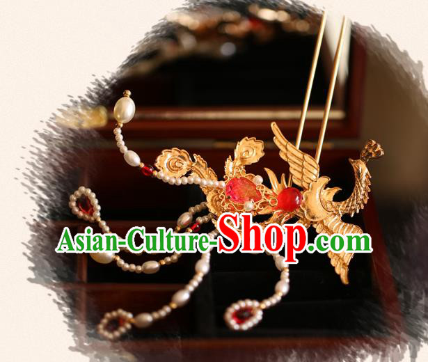 China Handmade Golden Phoenix Hair Stick Pearls Hairpins Traditional Wedding Bride Xiuhe Suit Hair Accessories