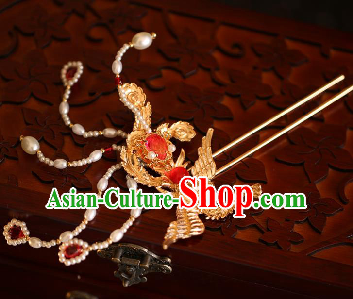 China Handmade Golden Phoenix Hair Stick Pearls Hairpins Traditional Wedding Bride Xiuhe Suit Hair Accessories