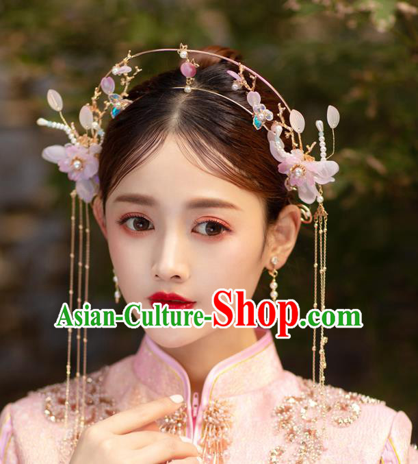 China Handmade Pink Flowers Hair Clasp Traditional Wedding Hair Accessories Bride Hair Crown
