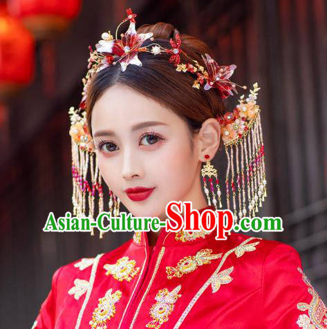 China Traditional Red Flower Hair Comb and Tassel Hairpins Wedding Bride Hair Jewelry Handmade Xiuhe Suit Hair Accessories Full Set